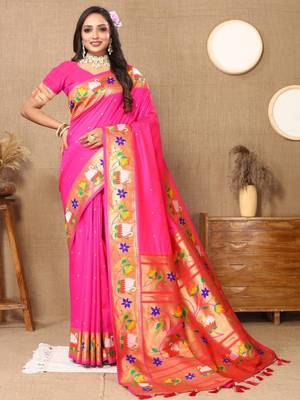 Pink woven design zari paithani saree 1