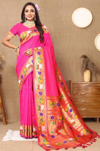 Pink woven design zari paithani saree