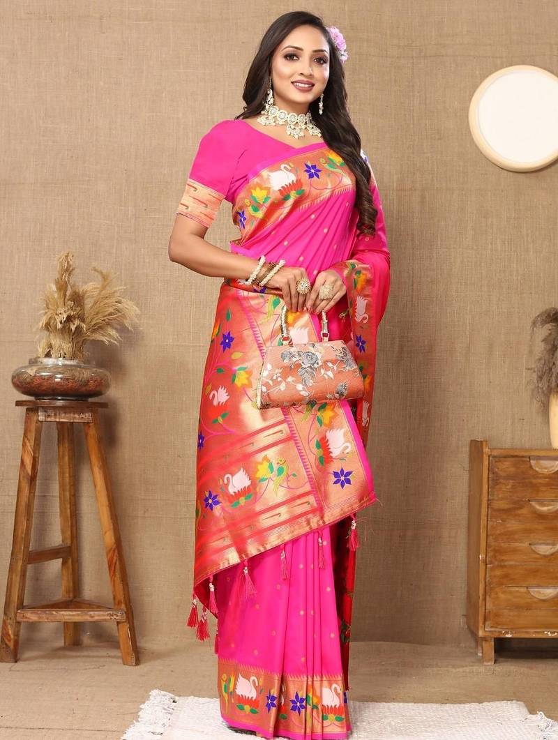 Pink woven design zari paithani saree