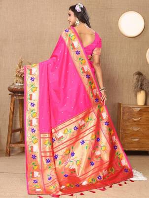 Pink woven design zari paithani saree 3