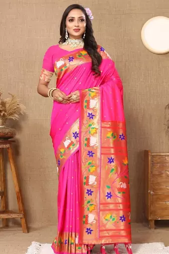 Pink woven design zari paithani saree