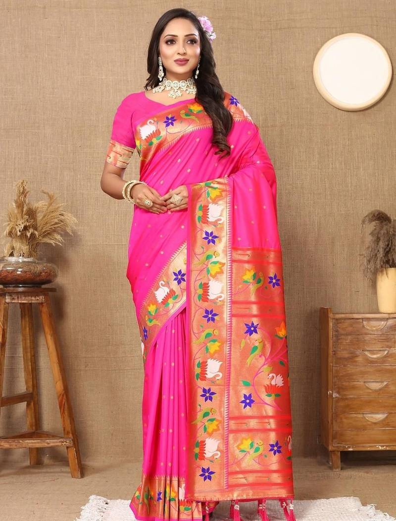 Pink woven design zari paithani saree