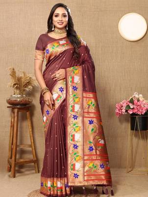 Brown woven design zari paithani saree 1