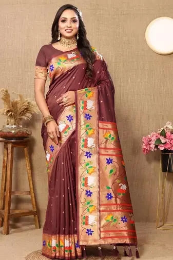 Brown woven design zari paithani saree