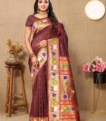 Brown woven design zari paithani saree