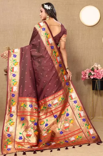 Brown woven design zari paithani saree