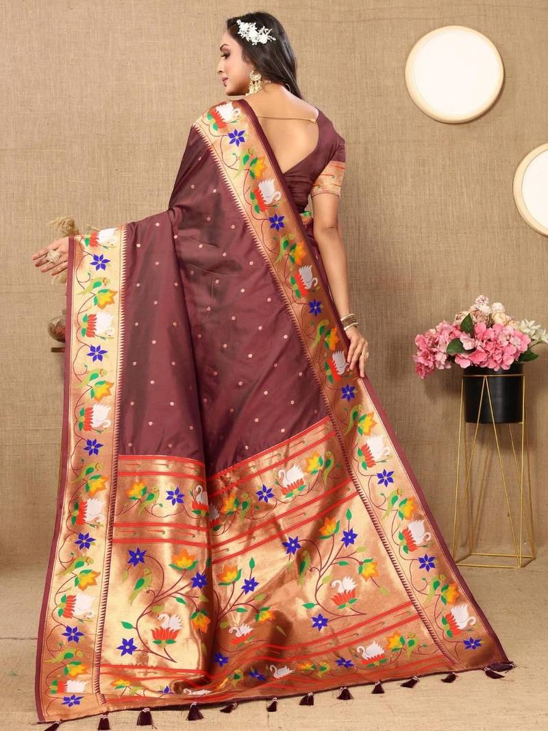 Brown woven design zari paithani saree