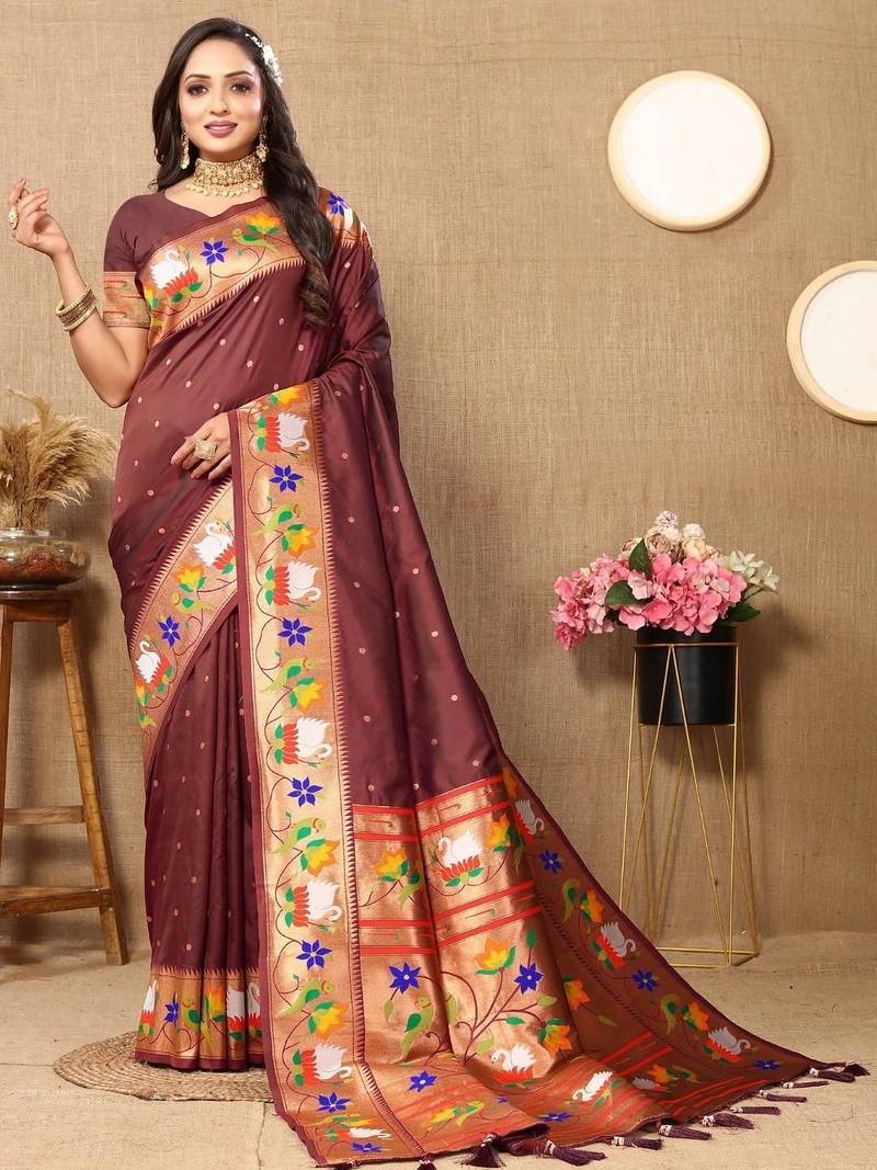 Brown woven design zari paithani saree