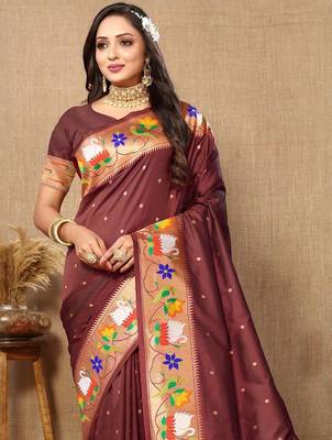 Brown woven design zari paithani saree 4