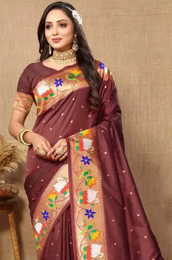 Brown woven design zari paithani saree