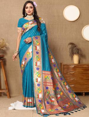 Blue woven design zari silk blend paithani saree 1