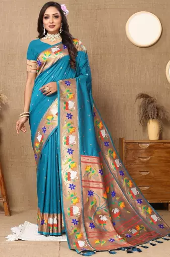 Blue woven design zari silk blend paithani saree