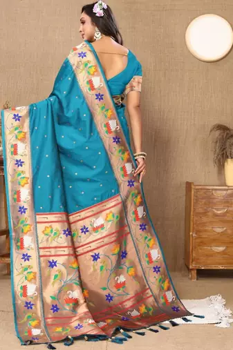 Blue woven design zari silk blend paithani saree