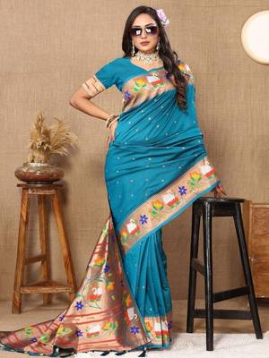 Blue woven design zari silk blend paithani saree 3