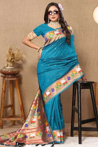 Blue woven design zari silk blend paithani saree