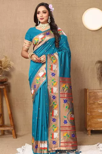 Blue woven design zari silk blend paithani saree