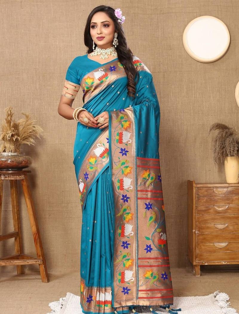 Blue woven design zari silk blend paithani saree