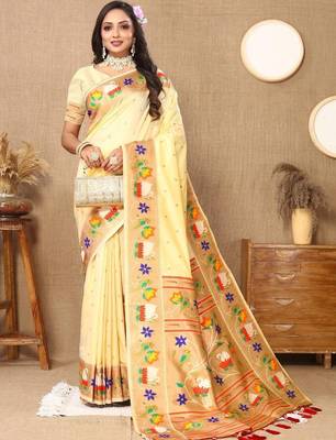 Cream woven design zari silk blend designer paithani saree 1