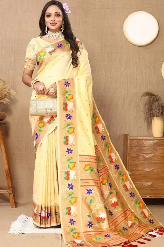 Cream woven design zari silk blend designer paithani saree