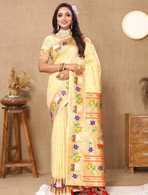 Cream woven design zari silk blend designer paithani saree 2