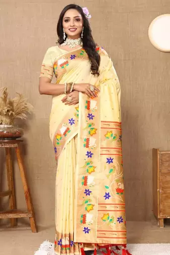 Cream woven design zari silk blend designer paithani saree