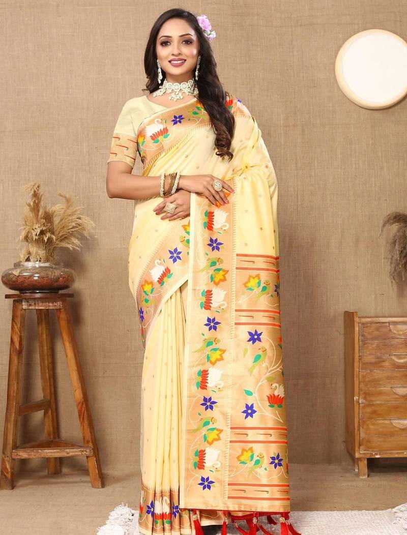 Cream woven design zari silk blend designer paithani saree