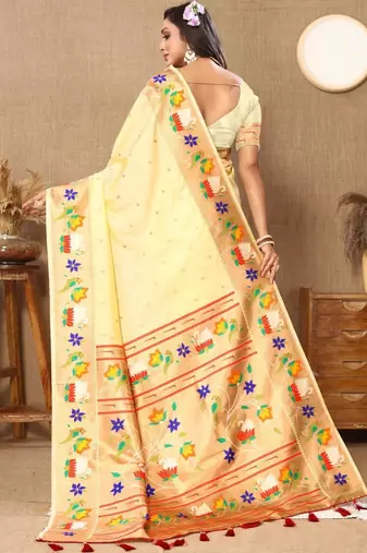 Cream woven design zari silk blend designer paithani saree