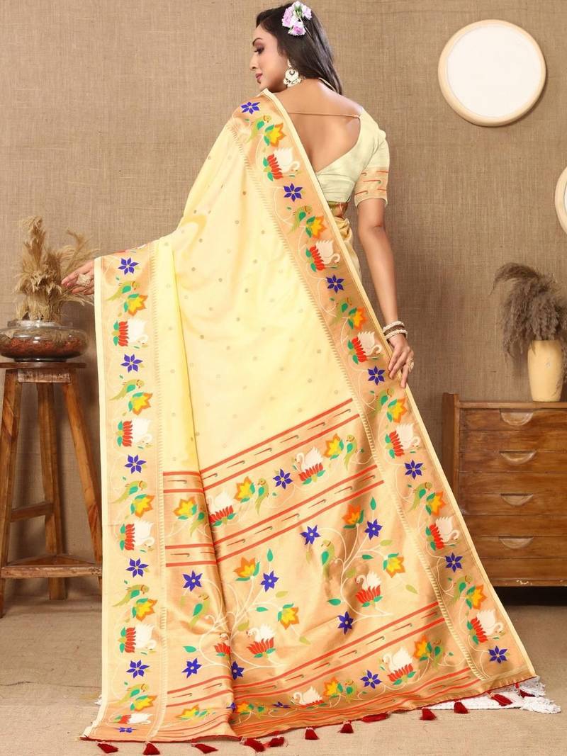 Cream woven design zari silk blend designer paithani saree