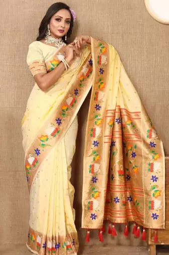 Cream woven design zari silk blend designer paithani saree