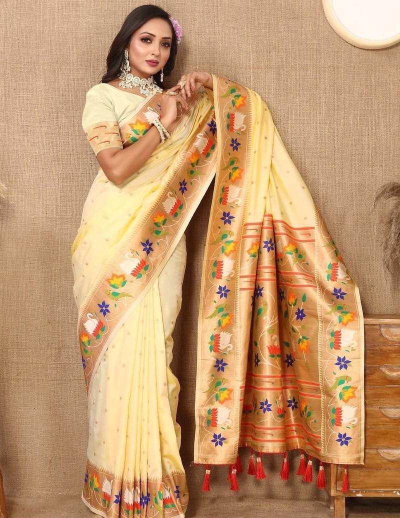 Cream woven design zari silk blend designer paithani saree