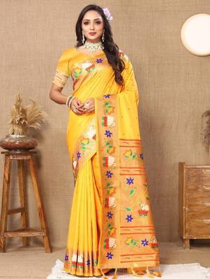 Yellow woven design zari silk blend paithani saree 1
