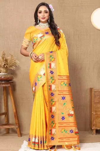 Yellow woven design zari silk blend paithani saree