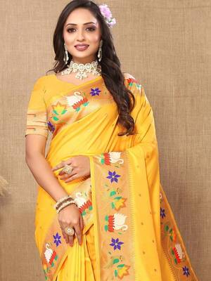 Yellow woven design zari silk blend paithani saree 2
