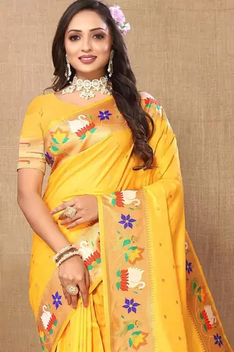 Yellow woven design zari silk blend paithani saree