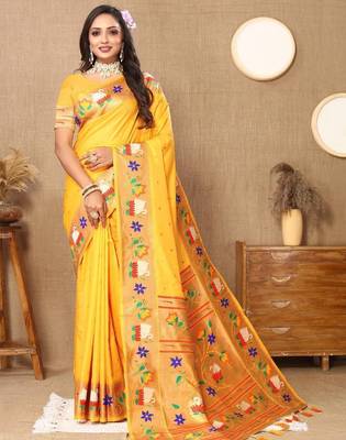 Yellow woven design zari silk blend paithani saree 3
