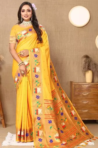 Yellow woven design zari silk blend paithani saree