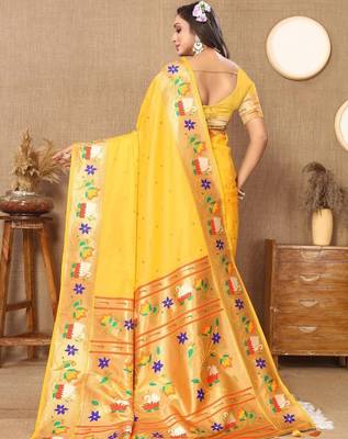 Yellow woven design zari silk blend paithani saree 4