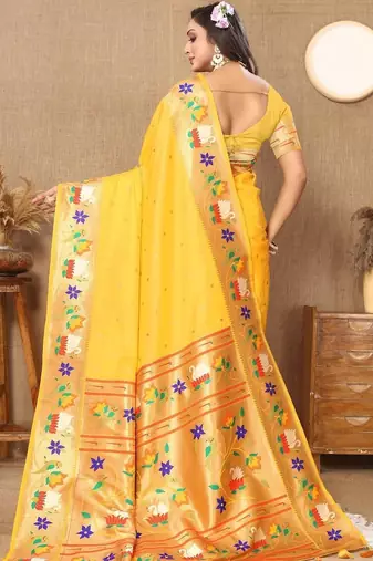 Yellow woven design zari silk blend paithani saree