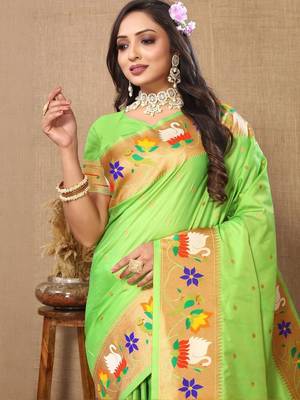 Lime ethnic motifs woven design paithani saree 1