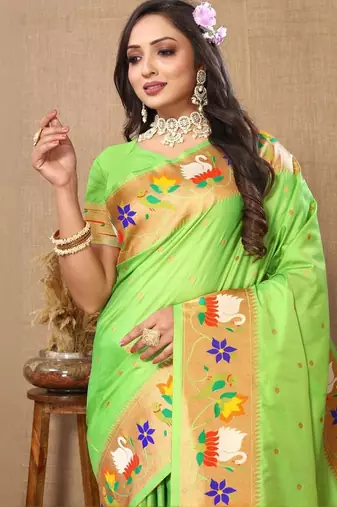 Lime ethnic motifs woven design paithani saree