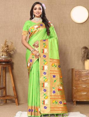 Lime ethnic motifs woven design paithani saree 2