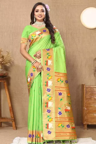 Lime ethnic motifs woven design paithani saree