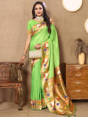 Lime ethnic motifs woven design paithani saree 3