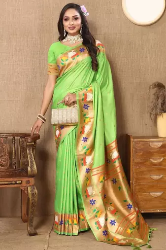 Lime ethnic motifs woven design paithani saree
