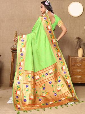 Lime ethnic motifs woven design paithani saree 4