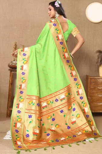 Lime ethnic motifs woven design paithani saree