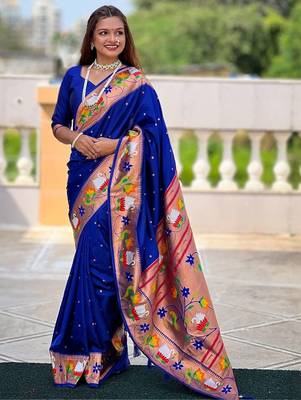 Blue woven design zari silk blend designer paithani saree 1