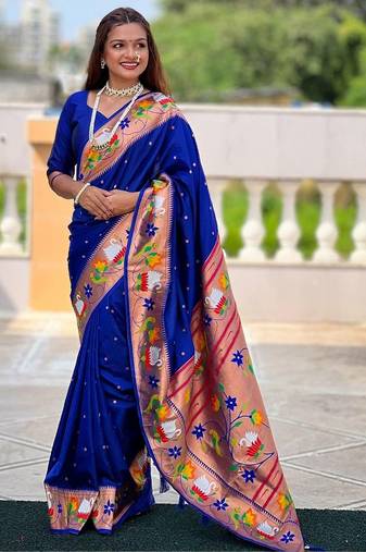 Blue woven design zari silk blend designer paithani saree