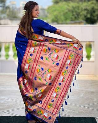 Blue woven design zari silk blend designer paithani saree 2