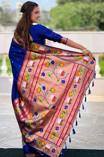Blue woven design zari silk blend designer paithani saree